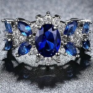 Dazzling Royal Blue Stone & Small Cubic Zirconia Stones Silver Tone Ring SZ 6